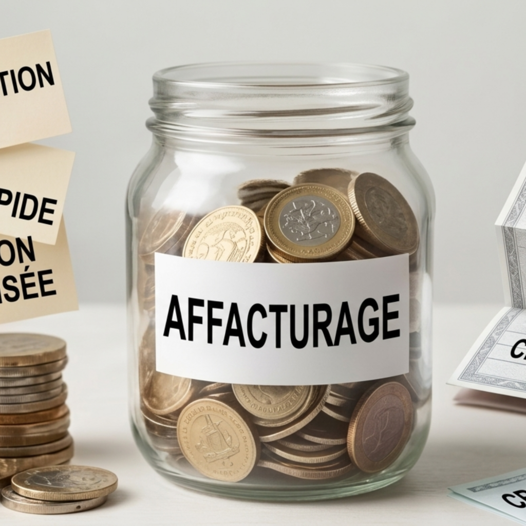 Image d'illustration d'un bocal en verre rempli de pièces de monnaie avec une étiquette portant le mot "AFFACTURAGE"