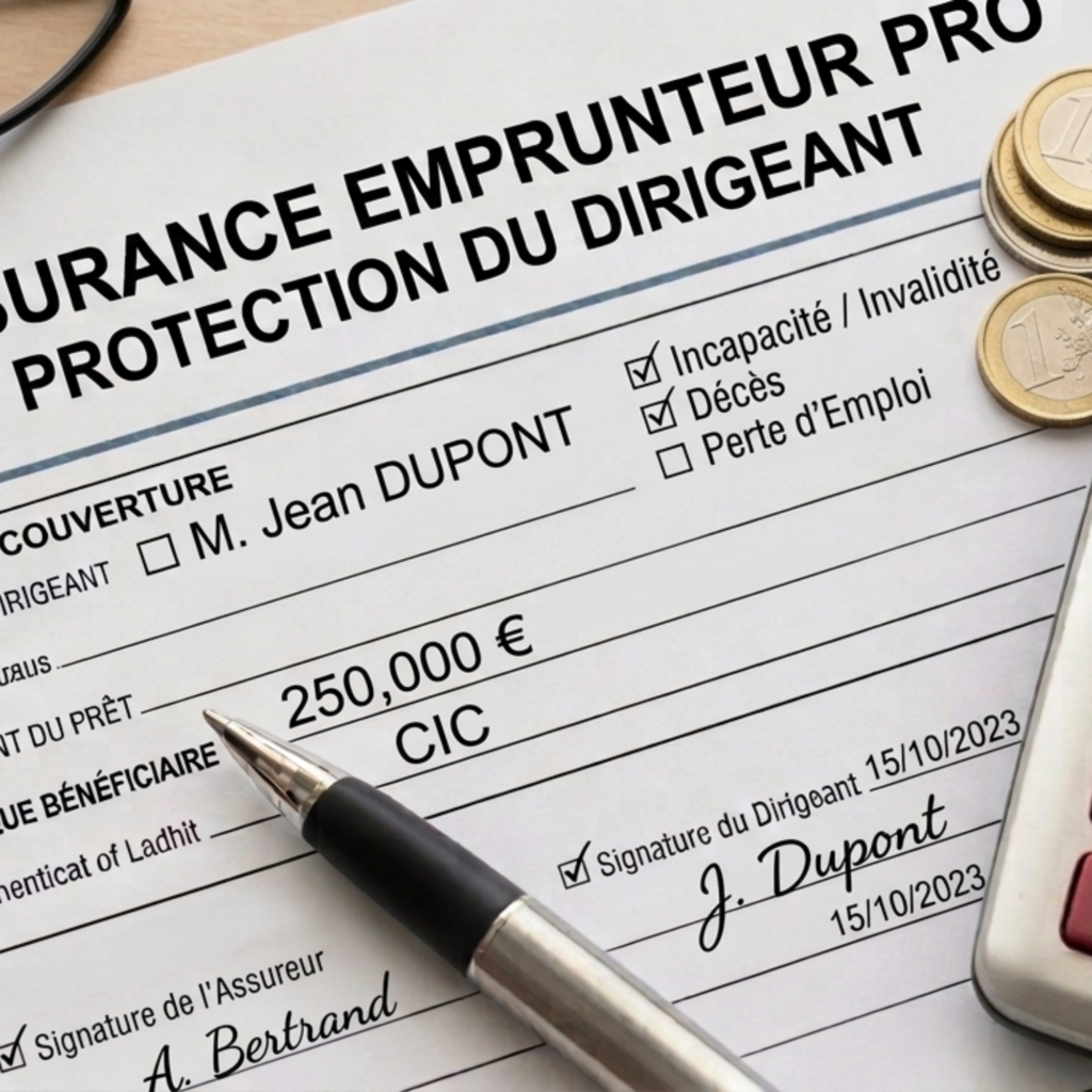 Contrat d'assurance emprunteur PRO et protection du dirigeant avec un stylo et des pièces de monnaie.