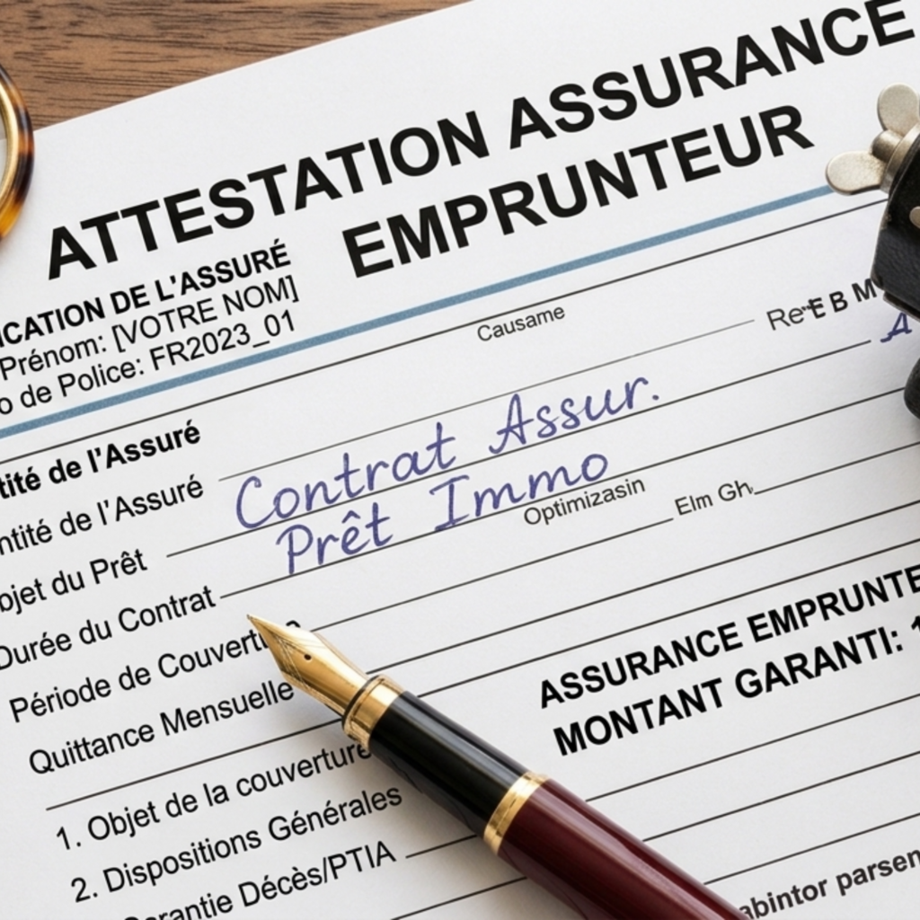 Attestation d'assurance emprunteur pour un prêt immobilier avec un stylo plume.