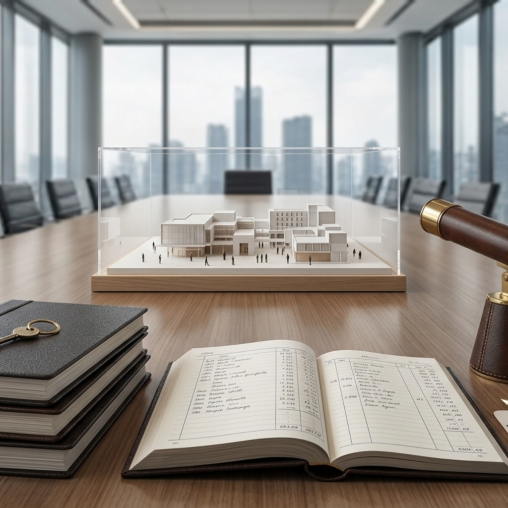Maquette architecturale d'un projet immobilier d'entreprise sous cloche de verre sur une table de réunion, avec un livre ouvert au premier plan.